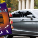 woman hand holding smartphone to use car insurance application online after his broken car. Insurance concept.